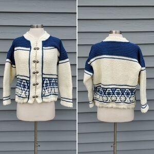 Vintage 70s Handmade Knit Fair Isle lcelandic Ski Apres Blue Cream Cardigan XL
